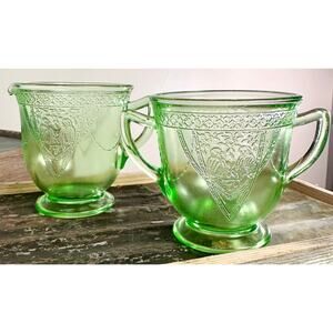 1930s Green Depression Glass Sugar and Creamer Set in Georgian Lovebird